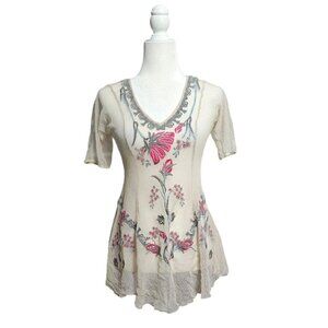Vintage Biya beige sheer floral embroidered short sleeve v-neck top tunic size S